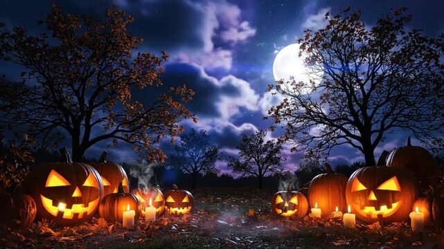 Spooky Halloween night scene with glowing jack o' lanterns, candles, and a full moon in the dark autumn forest.