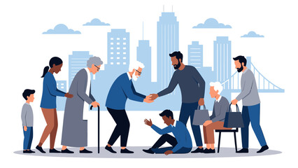 Fototapeta premium Diverse Community Helping Others in a City vector illustration