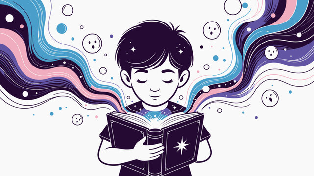 Boy Reading Magic Book with Colorful Energy vector illustration