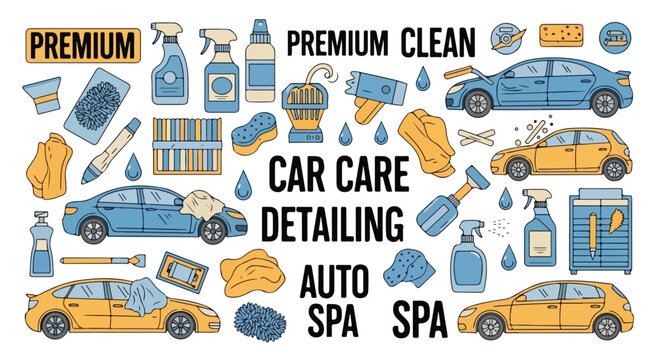 Flat lay of various car care and detailing icons and products on a clean white background with a focus on auto spa and premium clean services.
