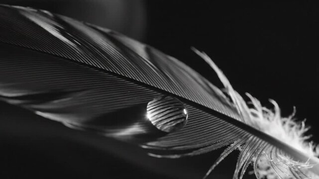 Black and white close up of a feather with a water droplet, soft focus, serene and delicate
