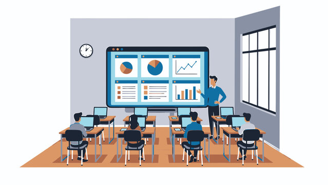 Business Training Classroom with Presenter and Data on Screen vector illustration