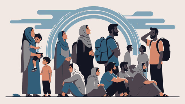 Displaced People Waiting vector illustration
