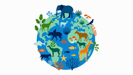 Fototapeta premium Earth Globe with Animals and Plants vector illustration