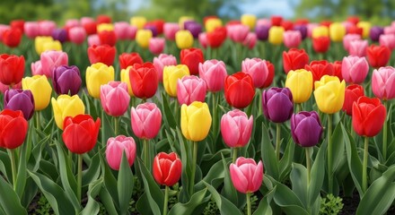Obraz premium Vibrant field of colorful tulips in full bloom under natural sunlight