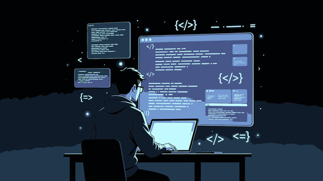 Software Developer Coding at Night vector illustration