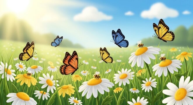 Vibrant butterflies flying over a field of wildflowers under a bright sky