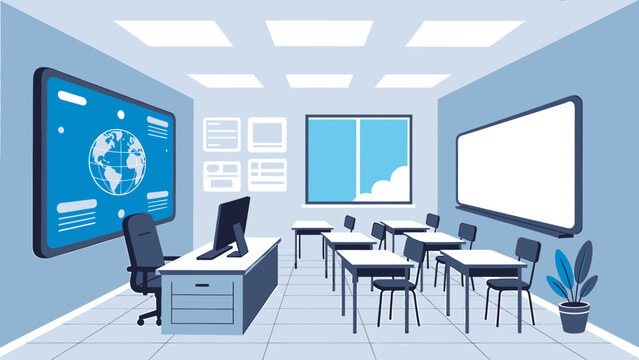 Classroom Interior with Desks Boards and Computer vector illustration