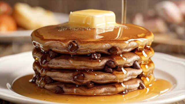 Delicious Chocolate Chip Pancake Stack Drizzled With Golden Syrup And Topped With Butter Served On A White Plate With A Rustic Wooden Background In Warm Natural Light