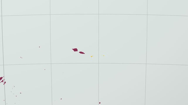 American Samoa map. Animated zoom into the country on the Globe in Pale Mint Dark Pink color palette. Country logo animation with round text and airplanes. Map with meridians, parallels. Modern video.