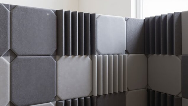 Geometric acoustic panels in shades of grey and white creating a textured wall