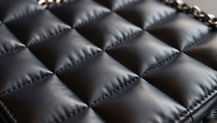 Fototapeta premium Close up texture of black quilted leather with visible stitching and a hint of chain strap