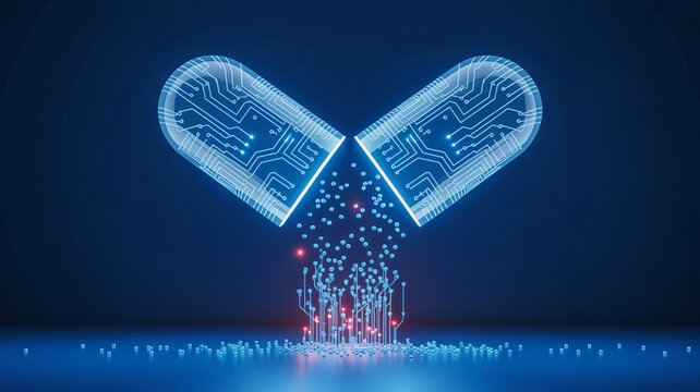 Digital medicine capsule opening with glowing blue circuit board pattern and small red and blue data particles spilling out on a dark background, representing AI healthcare and biotechnology