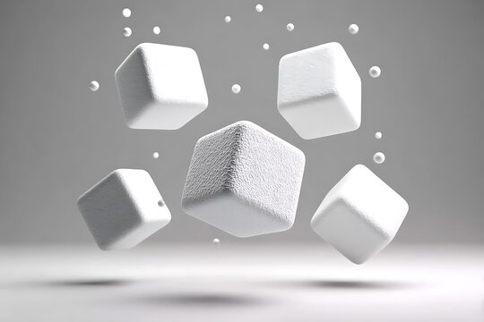 White Sugar Cubes Falling in Mid Air.