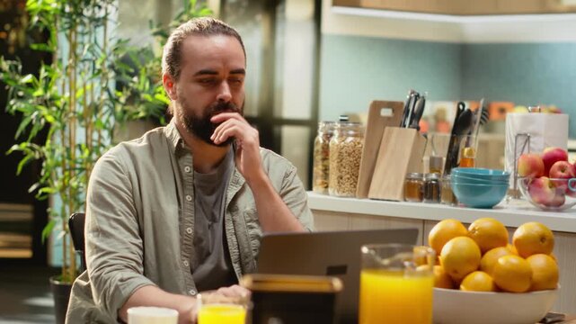 Focused pensive man, problem solving ideas, considering and planning the future, modern vision and perspective, concentration and reflection. Freelancer teleworking and solving tasks.
