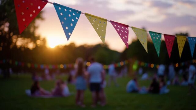 Evening outdoor party with colorful bunting and sunset over a grass field, blurred people having fun.