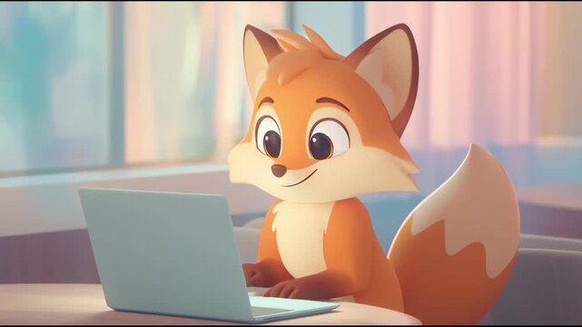Happy cartoon fox working on a laptop, smiling, animation, cute animal character