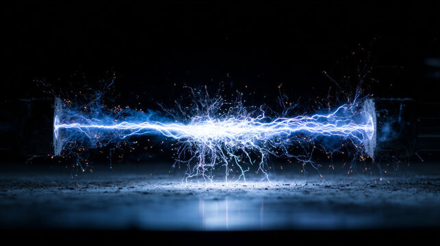 Intense blue electric arc discharge with bright sparks and plasma light effects between two electrodes on a dark background, illustrating high voltage power and energy.