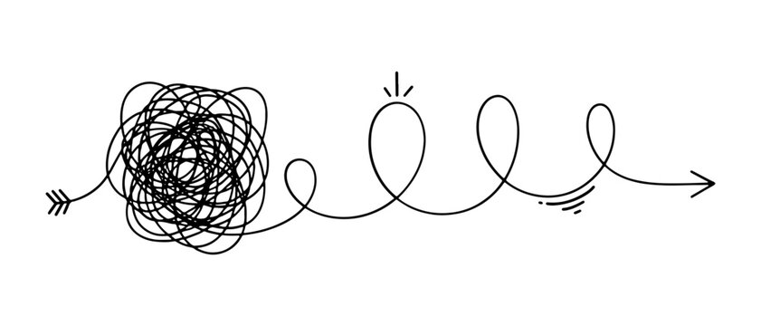Hand drawn tangled line messy arrow showing simple path solution concept