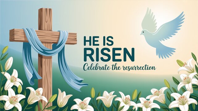 He Is Risen Easter Christian religious banner with wooden cross, blue fabric, white lilies, and dove for resurrection celebration design