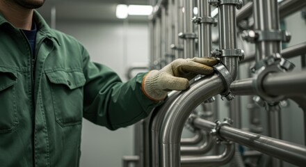 Technician inspecting stainless steel pipe system wearing green uniform and glove