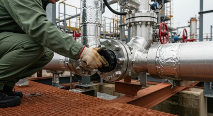 Fototapeta premium worker inspecting industrial pipeline valve during maintenance at power plant facility