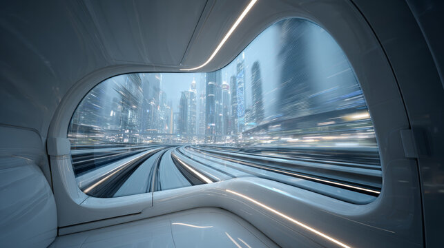 Futuristic high speed maglev train interior moving through a modern glass skyscraper cityscape at night with motion blur aesthetic
