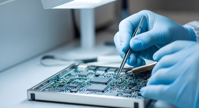 Technician meticulously assembles electronic components on a circuit board, a symbol of precision and human skill in advanced technology manufacturing
