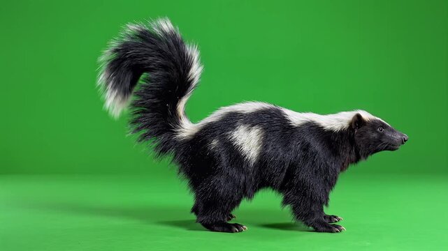 Striking Skunk on Green Screen Background, Isolated Animal Footage.
