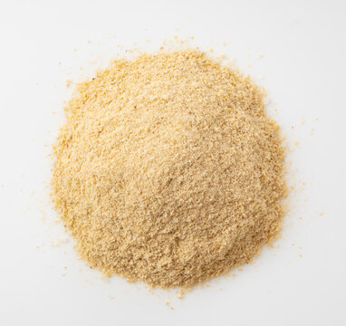 Top view of rice bran powder pile isolated on white background