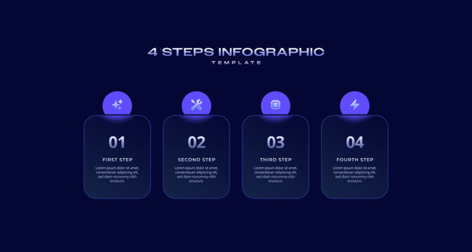 Glassmorphism Infographic Template with Icons and Blur Diagram, 4 Step Vector Workflow Layout for Presentations, Banners, Flowcharts, Business Reports, and UI Design Assets