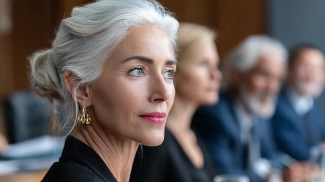 Elegant Business Woman's Stance: A confident, silver-haired businesswoman gazes thoughtfully to the side, radiating poise and experience. capturing the essence of professionalism and experience