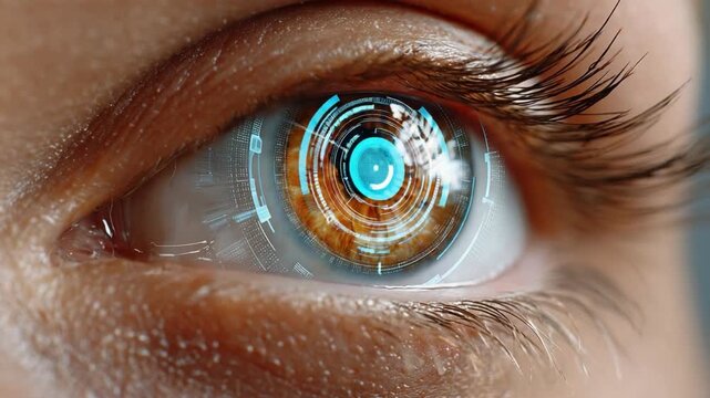 Cybernetic Eye: A close-up view of an eye with futuristic, digital augmentation, showcasing the intersection of technology and the human form, hinting at advanced capabilities and a new era of sight.