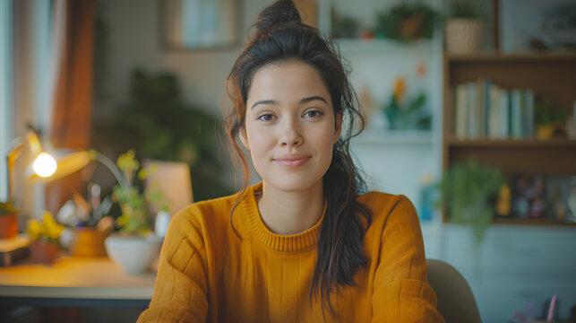 Young woman smiling at camera in cozy home office video call