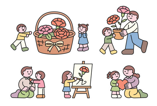 Children giving carnations and expressing love to their parents for Korean Parents&rsquo; Day. Family appreciation and gratitude concept illustration in flat cartoon style.