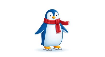 Fototapeta premium A cartoon penguin wearing a red scarf and ice skates on a white background