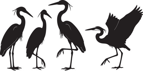 Fototapeta premium Heron silhouette collection isolated on white background vector set.