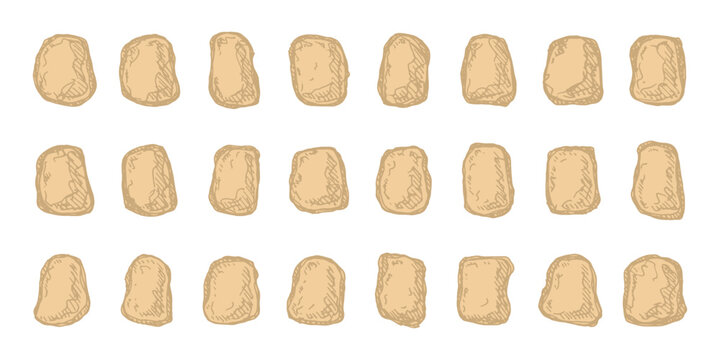 Hand drawn rocks and stones Rock fragments, boulders, building material Coastal pebbles, gravel, minerals, cobblestones, geological formations For game environment, landscape illustration, design