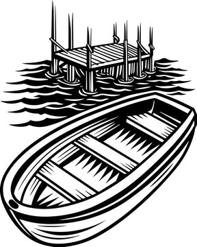SVG skeleton workers building docks tattoo design vector. Wooden Boat by Pier in Calm Water, Black and White Illustration