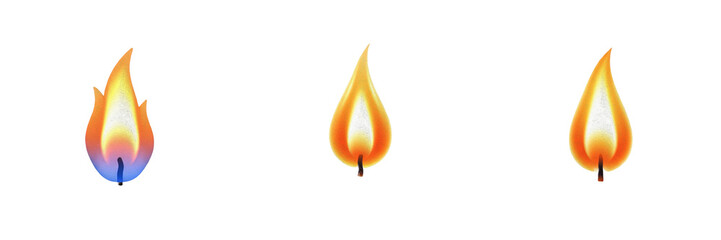 3D Fire Flame Icons Set, Realistic Glossy Orange and Red Candle Flames Isolated on White Background, Burning Heat Light Symbols, Soft Shaded Hot Blaze Shapes, Art PNG Asset