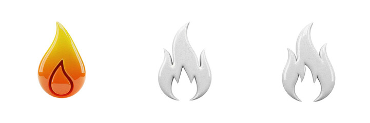 3D Fire Flame Icons PNG Isolated on White Background Glossy Orange and Silver Gloss Metal Symbols for Web Design Interface Hot Trending Popular News and App Button