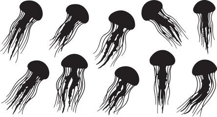 Jellyfish Silhouette Set Ocean Marine Creature Vector Illustration © Ai_Images