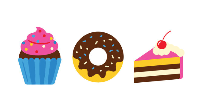 Colorful vector graphic illustration set featuring a frosted cupcake a chocolate sprinkled donut and cake slice