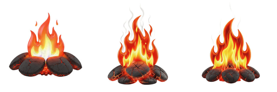 Campfire with Stones PNG Isolated on White Background Burning Fire Pit with Hot Coals Outdoor Survival Cooking Warmth Forest Camping Realistic Graphic Design Elements