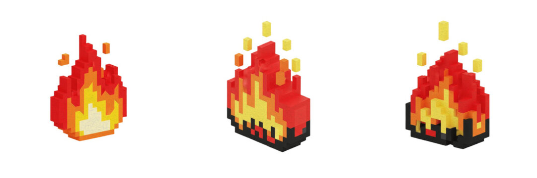 Pixel Art Fire PNG Isolated on White Background 8-Bit Retro Gaming Flame Icons 3D Voxel Style Burning Heat Spark Sprite Set for Video Game Design and Digital Art