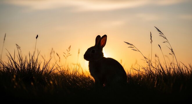 Silhouette of a rabbit in a grassy field at sunset.