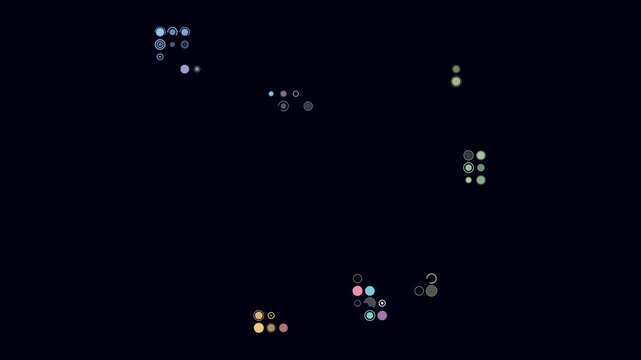 Cabo Verde map animation. Shape of the country with pulsating colored dots. Large size circle blocks. Digital style Cabo Verde map on dark background. Creative video.