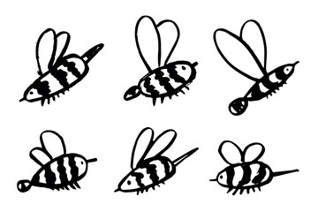 Set of hand drawn happy funny cute honey bee clipart Adorable flying striped insect friendly kawaii bumble bee For kids print, web, design, decor, logo © Daria Shane