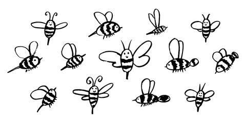 Set of hand drawn happy funny cute honey bee clipart Adorable flying striped insect friendly kawaii bumble bee For kids print, web, design, decor, logo © Daria Shane