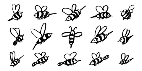 Set of hand drawn happy funny cute honey bee clipart Adorable flying striped insect friendly kawaii bumble bee For kids print, web, design, decor, logo © Daria Shane